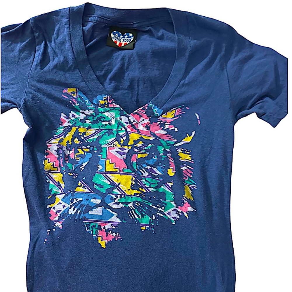 JUNK FOOD Short Sleeves Baby Tee Shirt V Neck Blue Tiger Graphic JRs Size Small